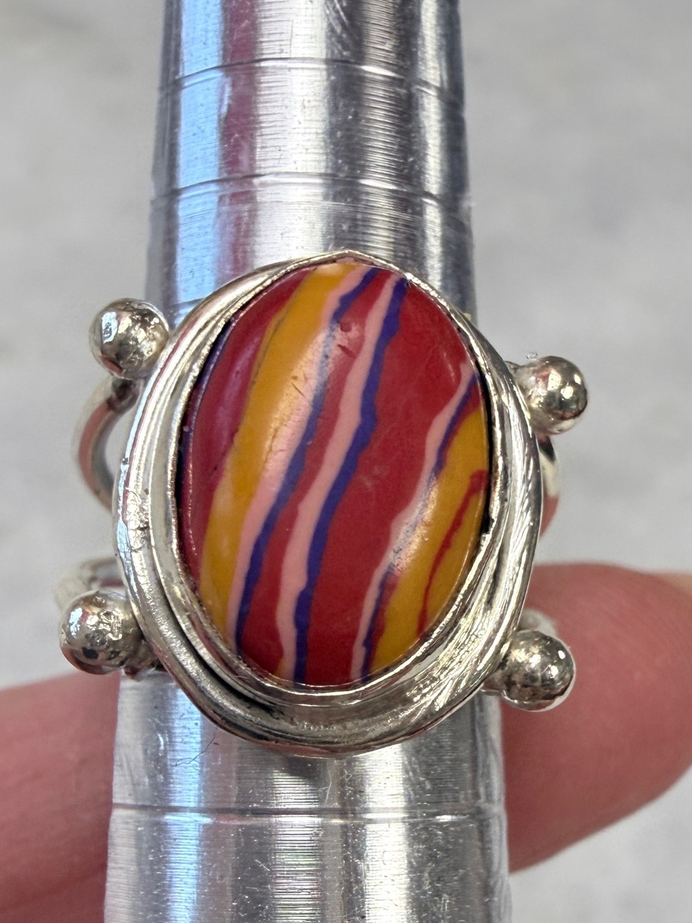 Sterling silver ring striped "Rainbow Calsilica" stone
